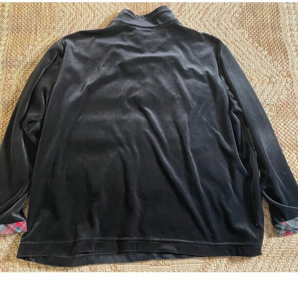 90s Black Poinsettia Embroidered detail Velour Pullover with Plaid contrast - Picture 3 of 7